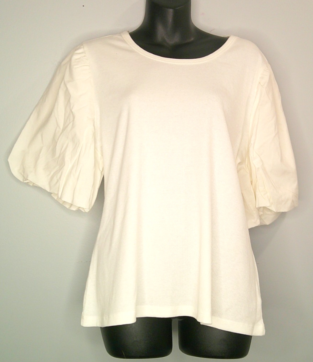 Time & Tru Cream/Off White XXXL 22W Women's Blouse Puff Sleeves, Round Neck